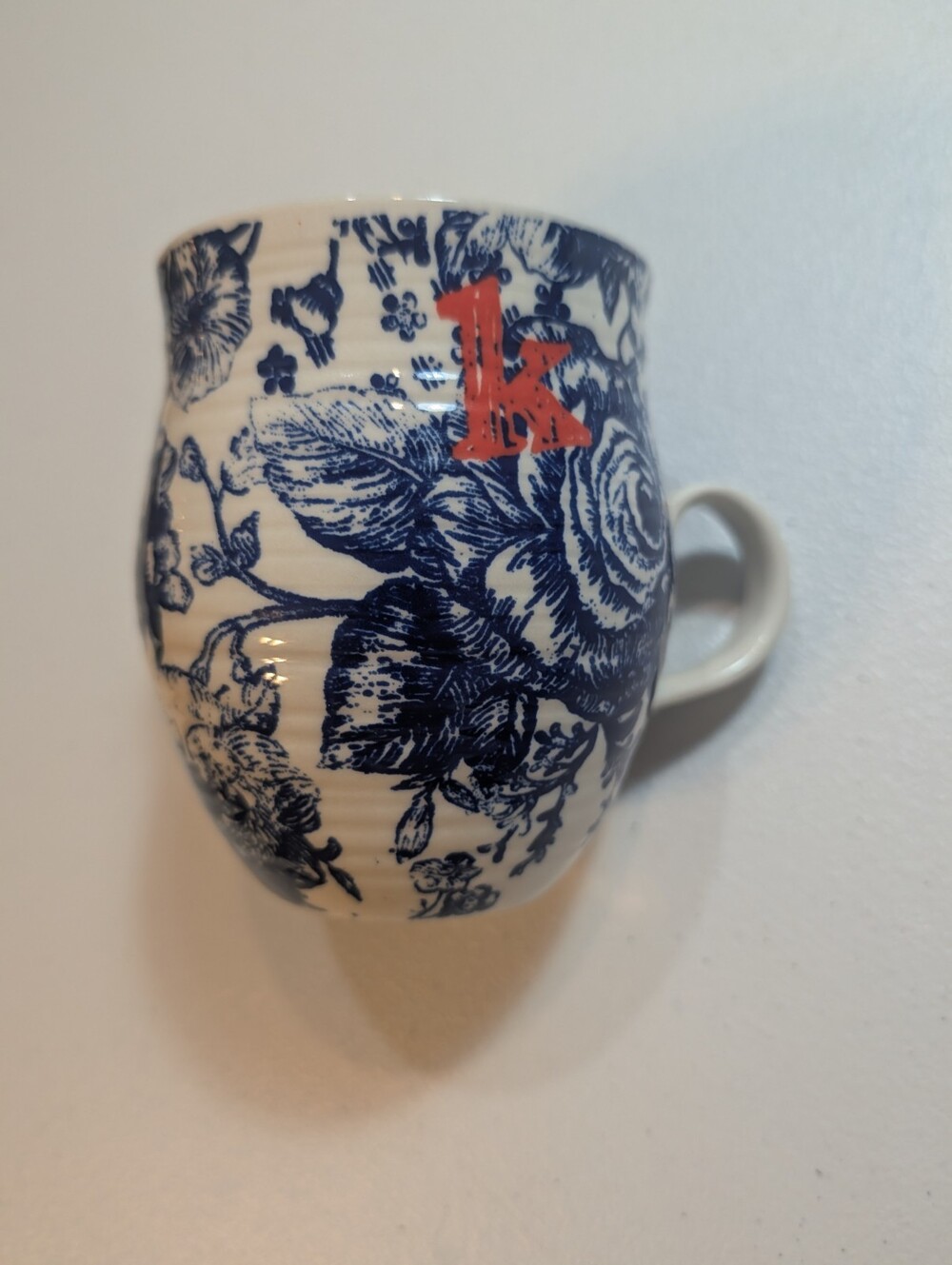 Vintage blue white mug Chinese with letter K Unique Rare